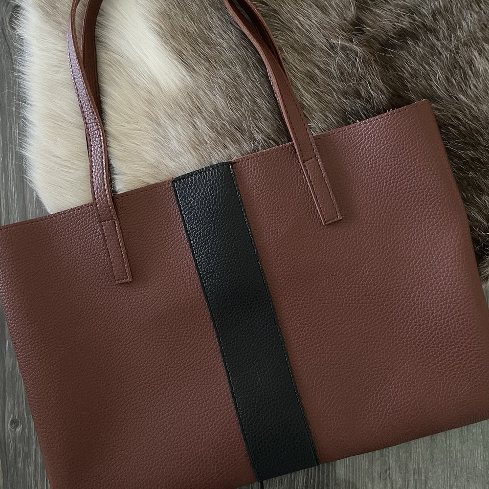 VINCE CAMUTO 17" Brown Black Stripe Boho Pebbled Vegan Leather Tote Bag Handbag